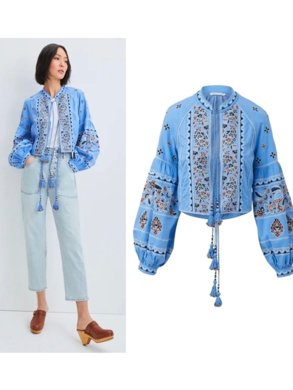 Veronica Beard Rivoli Embroidered Tassel Tie Cropped Jacket